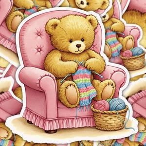 Knitting Teddy Bear Sticker | Cozy Bear with Yarn | Cottagecore Sticker for Knitters | Vintage Coquette Aesthetic | Cute Crafty Bear Sticker