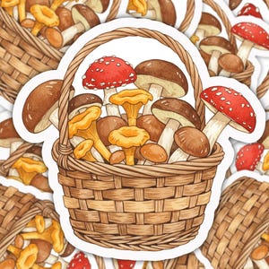 Sticker champignon cueillette, sticker champignon cottagecore, sticker champignons vintage, sticker vinyle butineuse, sticker nature pour ordinateur portable