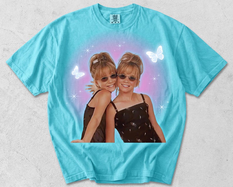 Mary Kate and Ashley Y2K T-shirt, Adult Unisex Lagoon Blue