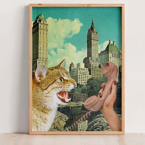 Funny Cat Wall Art Printable | Surreal Vintage Collage Art | A4 Cat Digital Download | Kitsch Retro Animal Print | Cat Lover Gift