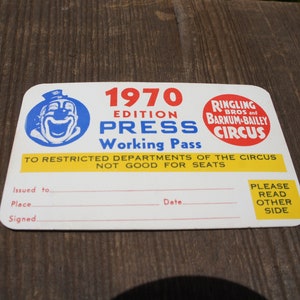 Original 1970 Ringling Bros. and Barnum & Bailey Press Pass