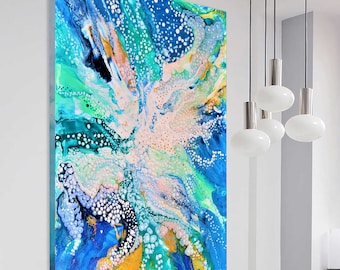 Painting on Canvas Abstract Fluid Art with Cells, Teal Handmade Large Abstract Canvas Art, Abstract Modern Canvas Painting for Living Room