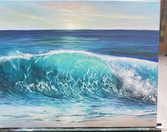 Florida Turquoise Ocean Wave Sunset Oil Painting - Original Fine Art on Canvas