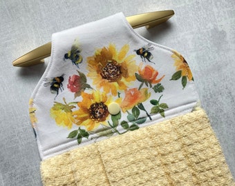 Honey Bee and Sunflower Hanging Kitchen Towel with Holder, Fun Bathroom Hand Towel with Hanger, Snap On Cotton Dish Towels with Hanging Loop