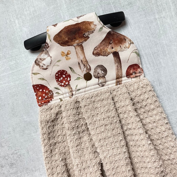 Earthy Mushroom Towel with Hanging Loop, Cottagecore Hanging Dish Towel with Snap, Large Mushroom Bathroom Cabin Hand Towel with Holders