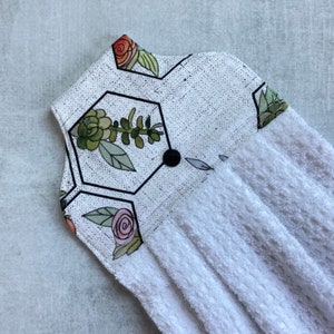 Succulents Kitchen Towel with Hanging Loop, Succulent Hexagon Easy Hang Kitchen Hand Towel with Snap, Snap on Dish Towel, Dishwasher Towel