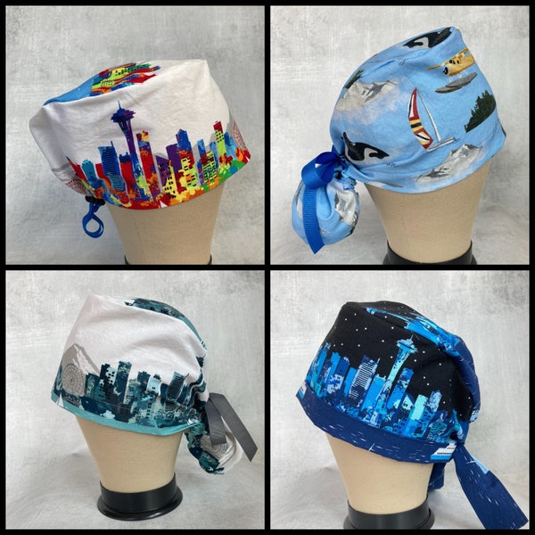 Seattle Skyline Scrub Caps for Women or Men, Ponytail, Tieback, and Adjustable Fit Scrub Caps, Custom Made Colorful and Unique Surgical Hats