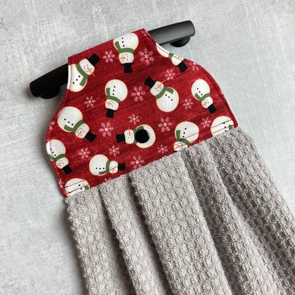 Snowman and Snowflakes Dark Red Hanging Kitchen Towel, Festive Hand Towels with Hanging Loop, Fun Hang and Stay Dish Towel with Snap Closure