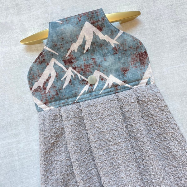 Mountain Handmade Hanging Kitchen Towel, Hand Towel with Hanging Loop, Easy Hang and Stay Put Dish Towel with Snap Closure, Towels for Knobs