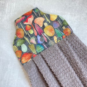Mushrooms Kitchen Towel with Hanging Loop, Easy Hang Kitchen Hand Towel with Snap, Snap on Dish Towel, Practical Bathroom Towel, Gray Decor