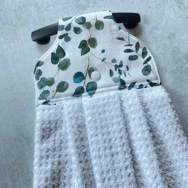 Eucalyptus Handmade Hanging Kitchen Hand Towel with Snap Closure, Modern  Hang and Stay Put Dish Towel with Hanging Loop, Foliage Towels