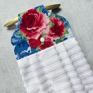 Blue and Red Rose Floral Hanging Kitchen Towel, Farmhouse Hand Towel with Hanging Loop, Easy Hang & Stay Put Dish Towels with Snap Closure