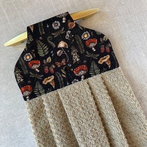 Mushrooms Hanging Kitchen Towels with Hanging Loop, Whimsical Woodland Ferns and Berries Hanging Hand and Dish Towel with Snap and Holder