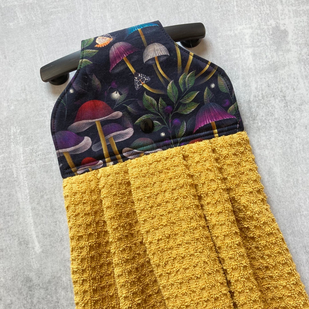 Colorful Mushrooms and Moth Hanging Kitchen Towel With Holder, Bathroom