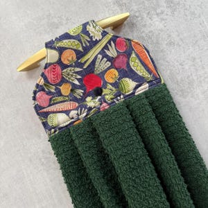 Garden Vegetables Hanging Kitchen Towel, Beets on Navy Hand Towel with Hanging Loop, Easy Hang and Stay Put Dish Towels with Snap Closure