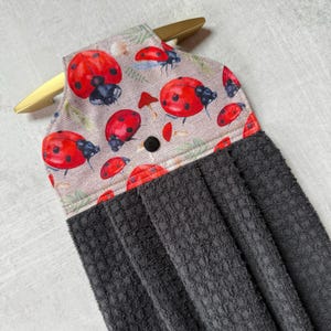 Red Lady Bug Hanging Kitchen Towel with Holder, Ladybug Bathroom Hand Towel with Hanger, Cute Insect Snap On Hanging Loop Cotton Dish Towels