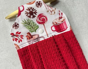 Christmas Mugs and Spices Hanging Kitchen Towel with Holder, Bathroom Hand Towel with Hanger, Snap On Cotton Dish Towels with Hanging Loop