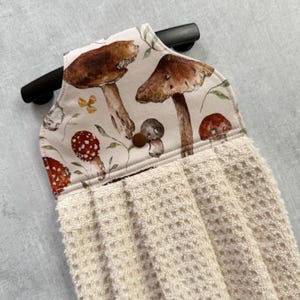 Earthy Mushroom Towel with Hanging Loop, Cottagecore Hanging Dish Towel with Snap, Large Mushroom Bathroom Cabin Hand Towel with Holders