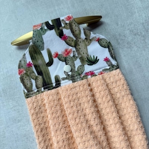 Handmade Desert Cactus Hanging Kitchen Towel, Saguaro Cacti Hand Towel with Hanging Loop, Succulent Hang & Stay Dish Towel with Snap Holders