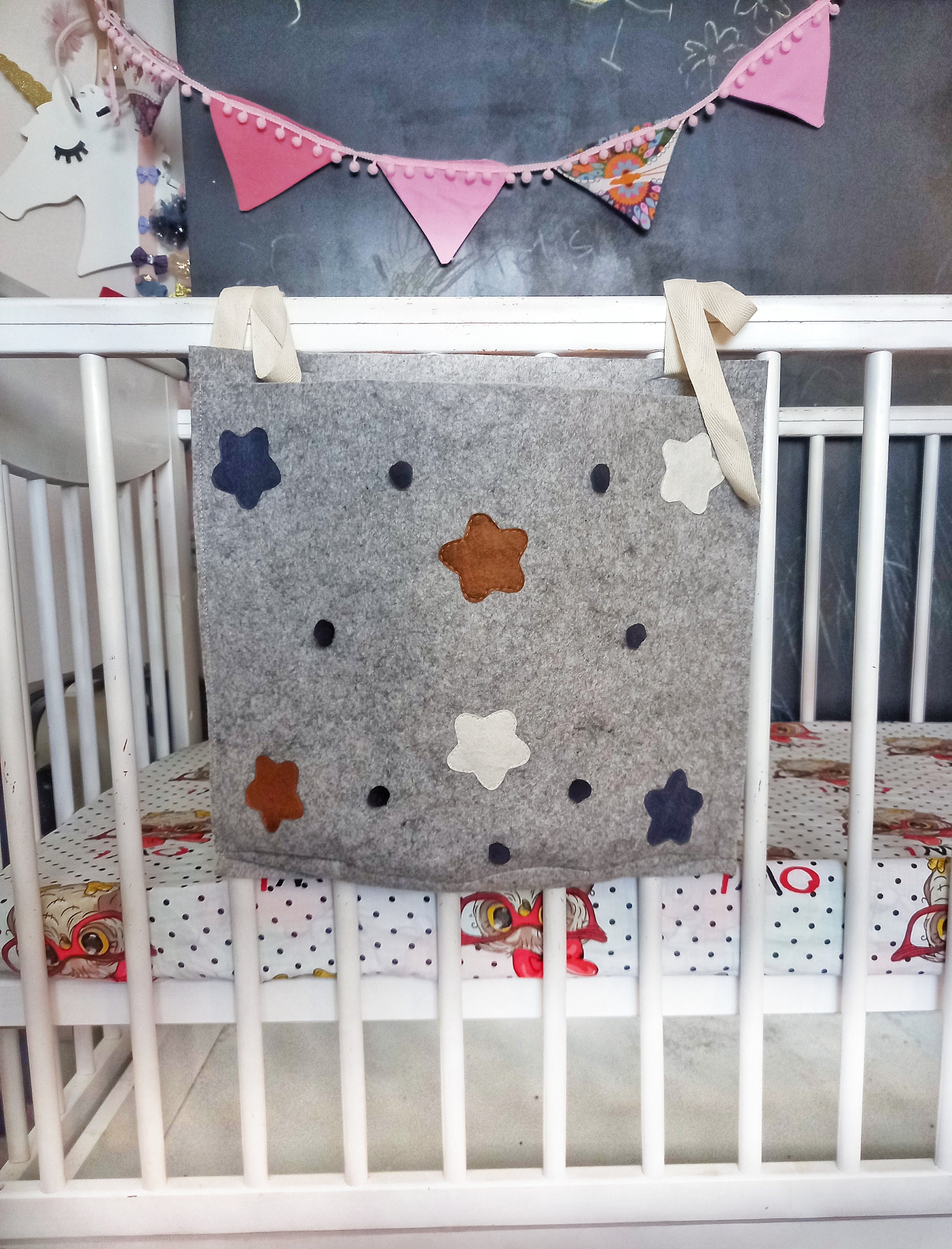 Felt Nursery Crib Organizer Decorated Stars and Pom Pom Etsy