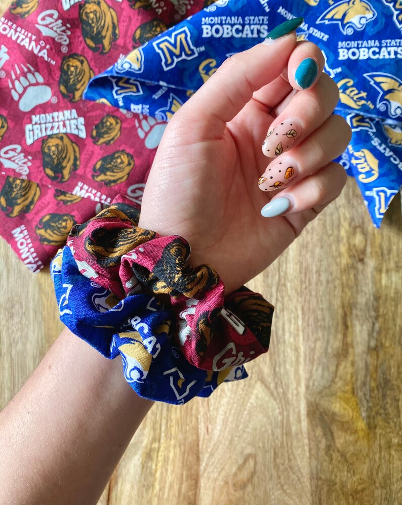 MSU Bobcats U of M Grizzlies Hair Ties Hair Elastics College Scrunchy handmade gifts haleyKmade stocking stuffers