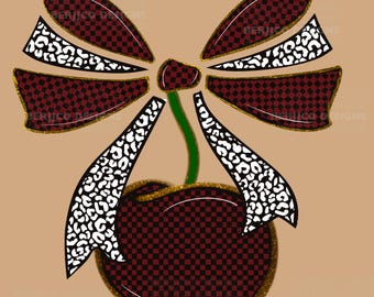 Coquette Cherry Bow PNG: Leopard & Checkered Print (Digital Download)
