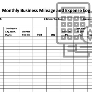 May include: A black and white printable business mileage and expense log. The log includes columns for date, destination, business purpose, start odometer reading, stop odometer reading, miles driven, expense type, and expense amount.