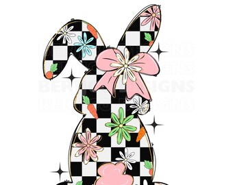 Floral Osterhase PNG: Retro Karierte Schleife (Digital Download)