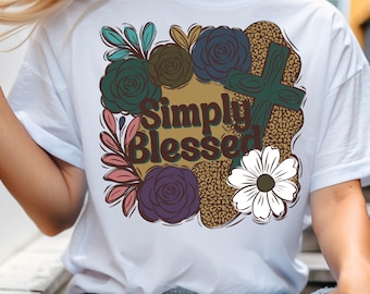 Simply Blessed PNG: Floral Cross Leopard Print Christian Design (Digital Download)