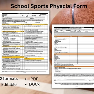 May include: A printable school sports physical form with two attachments. The form includes sections for pre-participation physical evaluation, emergency information, and a physician's signature. The form is available in PDF and DOCX formats.