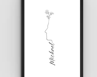 Custom Side Profile Silhouette Name & Birth Flower Tattoo Line Art | Digital Download | Anniversary Gift