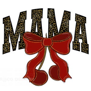 Op de afbeelding: Het woord "MAMA" in zwarte letters met een luipaardprint. Een grote rode strik met gouden glitteraccenten is gecentreerd onder het woord.
