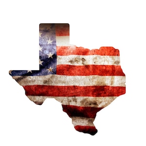 Puede incluir: Un contorno del estado de Texas en forma de la bandera estadounidense. La bandera está descolorida y desgastada, lo que le da un aspecto vintage.