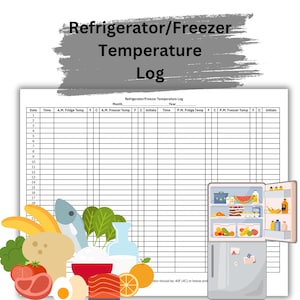 Puede incluir: Un registro de temperatura de refrigerador y congelador imprimible con una cuadrícula en blanco y negro. El registro tiene columnas para la fecha, la hora, la temperatura del refrigerador, la temperatura del congelador y las iniciales. El registro está ilustrado con un refrigerador y un congelador de dibujos animados con comida en su interior.