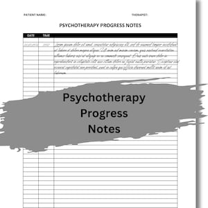 Może przedstawiać: Pusty formularz notatek z postępów psychoterapii z kolumną daty i godziny oraz dużą sekcją na notatki. Formularz ma tytuł "Notatki z postępów psychoterapii" u góry.