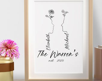 Custom Couple Silhouette Print: Name & Birth Flower Line Art (Digital Download)