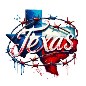 May include: A stylized illustration of the state of Texas, with the word "Texas" written in white script across the image. The state outline is filled with the colors of the Texas flag, red, white, and blue. The image is surrounded by barbed wire.