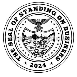 May include: Black and white seal with the text "The Seal of Standing on Business 2024". The seal features an eagle with outstretched wings and a shield with a mountain scene and the word "Business".