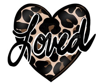 May include: A black heart with a leopard print pattern and the word "Loved" written in black cursive.