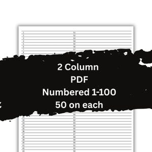 Puede incluir: Un documento PDF blanco con formato de dos columnas, numerado del 1 al 100, con 50 números por columna. El documento está parcialmente oscurecido por una superposición negra con texto blanco que dice "2 Columnas PDF Numerado 1-100 50 en cada uno."