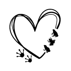 May include: Black and white silhouette of a heart with four frogs climbing up the side.