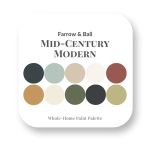 May include: A paint colour palette featuring 10 colours from Farrow & Ball, titled "Mid-Century Modern Whole-Home Paint Palette". The colours include dark blue, light blue, beige, white, red, brown, cream, green, black, and light green.