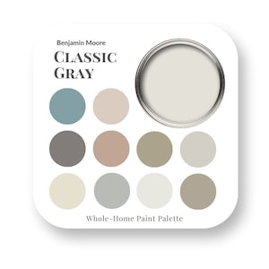 Classic Grey de Benjamin Moore Paleta de colores de pintura interior, Tendencias de color de diseño de interiores, Mejor blanco para molduras, colores de pintura para el hogar, tendencias