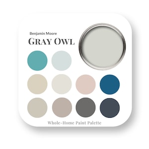 Grey Owl de Benjamin Moore Paleta de colores de pintura para interiores, Tendencias de colores de diseño de interiores, Mejor blanco para molduras, Colores de pintura para casas, tendencias