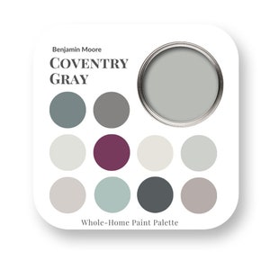 Coventry Gray de Benjamin Moore Paleta de colores de pintura interior, Tendencias de color de diseño de interiores, Mejor blanco para molduras, colores de pintura para el hogar, tendencias