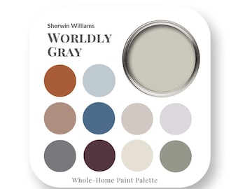 Worldly Gray by Sherwin Williams Interior Paint Color Palette, Interior Design Color Trends, Best White for trim, home paint colors