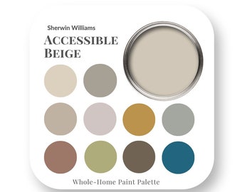 May include: A paint color palette featuring Sherwin-Williams Accessible Beige, a light neutral beige. The palette includes 10 colors, including beige, gray, brown, green, and blue.