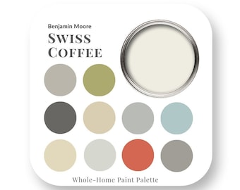 Swiss Coffee by Benjamin Moore Interior Paint Color Palette, Interior Design Color Trends, Best White for trim, House Paint Colors, trending