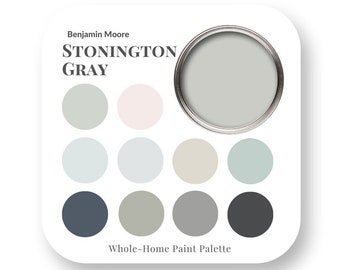 Stonington Grey di Benjamin Moore Tavolozza dei colori per vernici per interni, Tendenze colori per il design degli interni, Miglior bianco per finiture, Colori per vernici per la casa