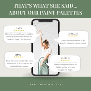 Pu&ograve; includere: Uno screenshot di un telefono che mostra una donna che festeggia con i coriandoli. Lo schermo del telefono mostra un sito web con testimonianze di clienti su palette di colori. Le testimonianze includono citazioni di Dawn, Lorraine, Joan ed Ellie G. L'indirizzo del sito web &egrave; www.clairejefford.com.